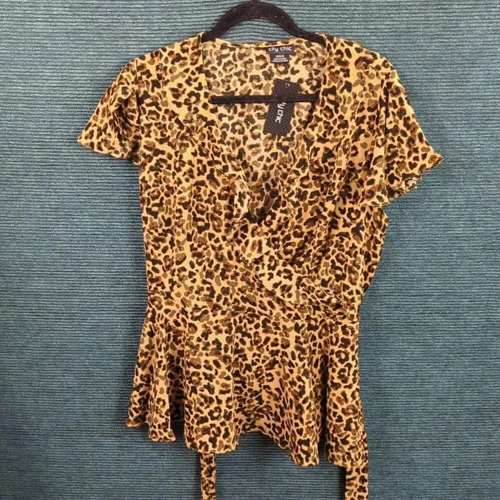 City Chic Leopard Print Wrap Top in Tan and Black